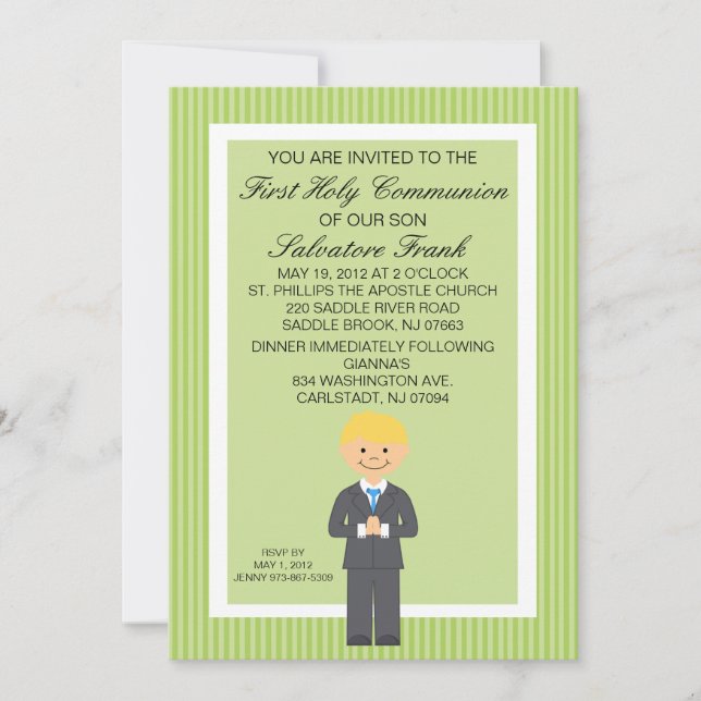 Lime Green Cute First  Communion Boy Invitation (Front)