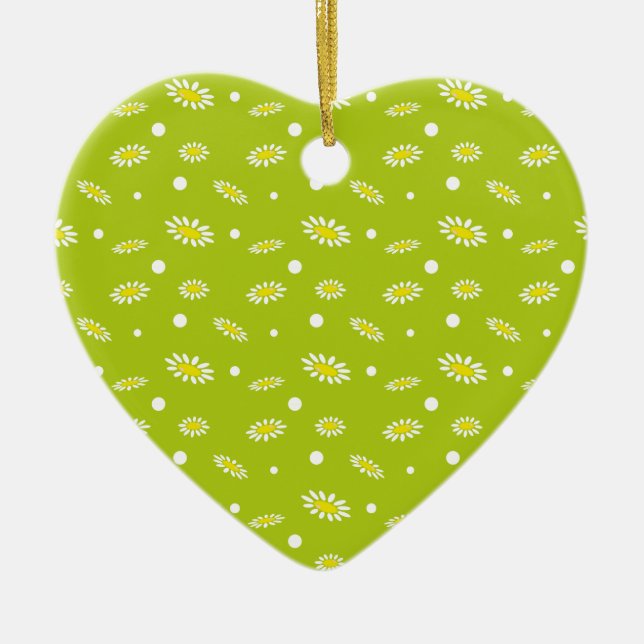 Lime Green Daisy Polka Dot Retro Spring Pattern Ceramic Ornament (Front)
