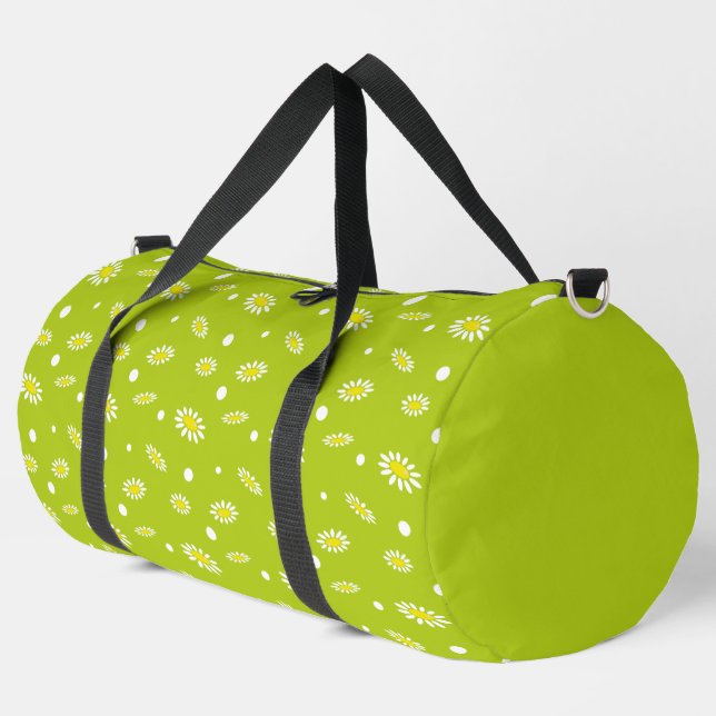 Lime Green Daisy Polka Dot Retro Spring Pattern Duffle Bag (Left Corner)
