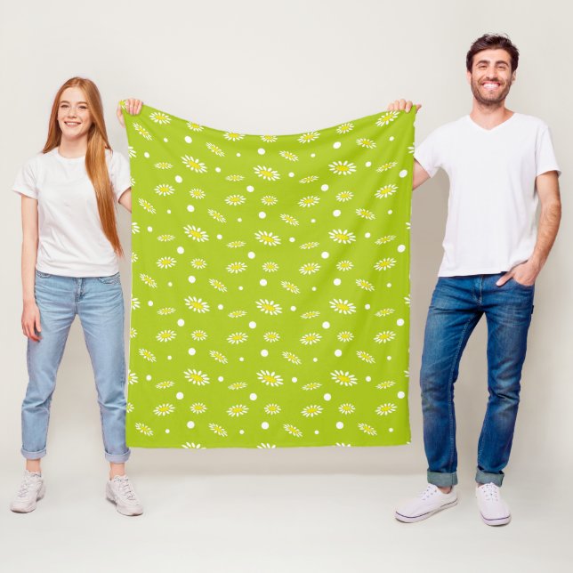 Lime Green Daisy Polka Dot Retro Spring Pattern Fleece Blanket (In Situ)