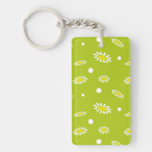 Lime Green Daisy Polka Dot Retro Spring Pattern Keychain