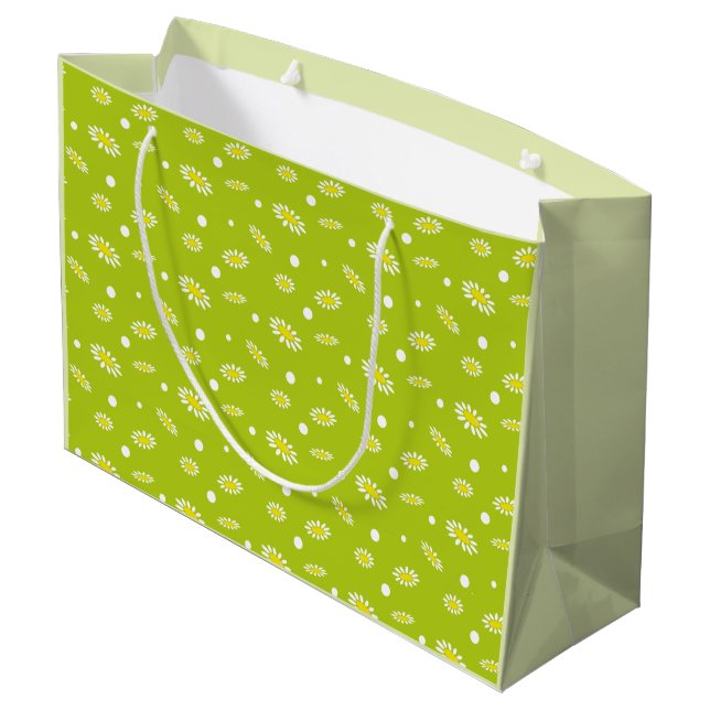 Lime Green Daisy Polka Dot Retro Spring Pattern Large Gift Bag (Back Angled)