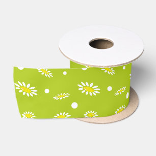 Lime Green Daisy Polka Dot Retro Spring Pattern Satin Ribbon