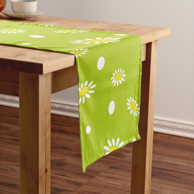 Lime Green Daisy Polka Dot Retro Spring Pattern Short Table Runner (In Situ)