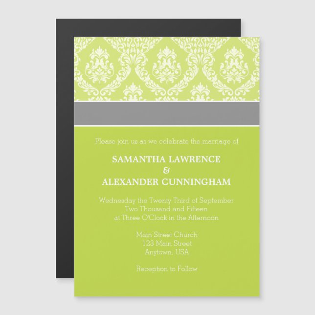 Lime Green Damask Magnetic Wedding Invitation (Front/Back)