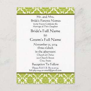 Lime Green Damask on White Wedding Invitation