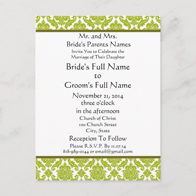 Lime Green Damask sur Faire-part de mariage blanc (Devant)