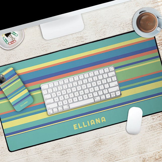 Lime Green Dark Blue Orange Sunny Yellow Stripes Desk Mat (Creator Uploaded)