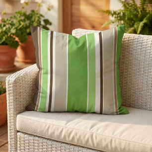 Lime Green Dark Brown Khaki Beige White Stripes Outdoor Pillow