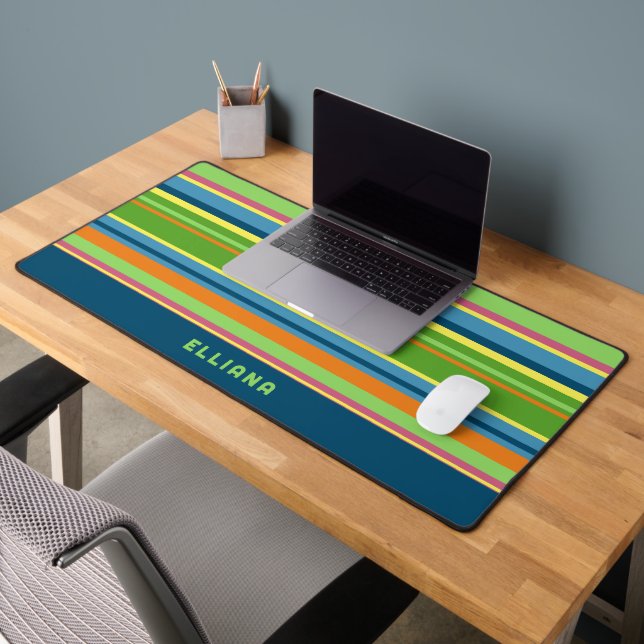 Lime Green Dark Teal Blue Hot Pink Yellow Stripes Desk Mat (Office 2)