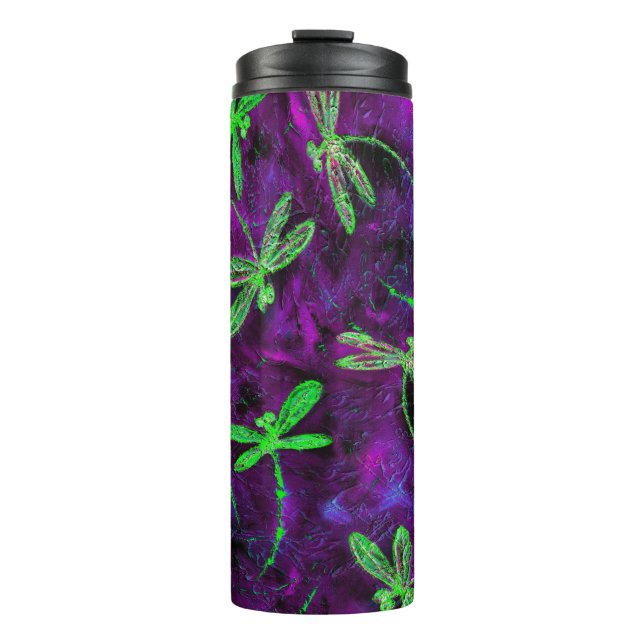 Lime Green Dragonflies on Hot Pink and Purple Thermal Tumbler (Front)
