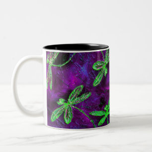 Lime Green Dragonflies on Hot Pink and Purple Two-Tone Coffee Mug