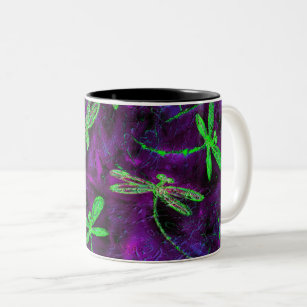Lime Green Dragonflies on Hot Pink and Purple Two-Tone Coffee Mug