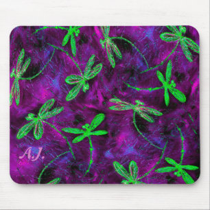 Lime Green Dragonflies on Pink & Purple Mouse Pad
