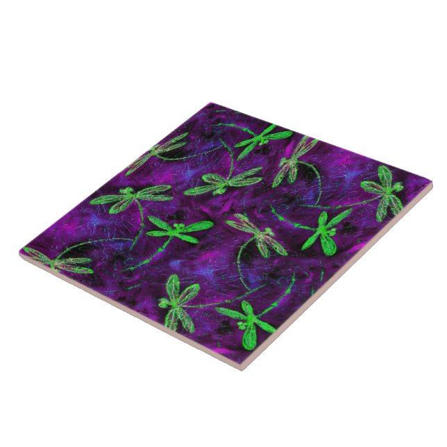 Lime Green Dragonflies on Pink & Purple Tile (Side)