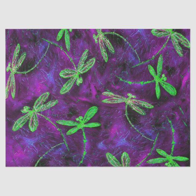 Lime Green Dragonflies on Purple and Pink Tissue Paper (Front)