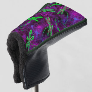 Lime Green Dragonflies on Purple Golf Head Cover