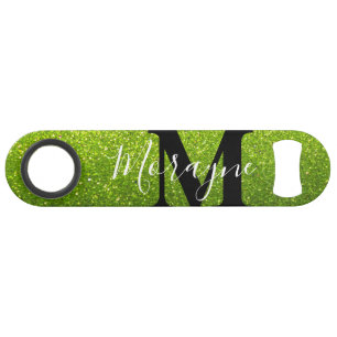 Lime Green Faux Glitter Black White Monogram Name Bar Key