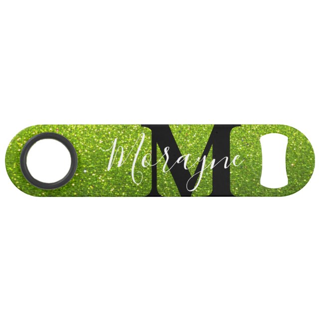 Lime Green Faux Glitter Black White Monogram Name Bar Key (Back Horizontal)
