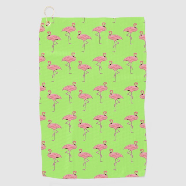 Lime Green Flamingos Pattern Golf Towel (Front)