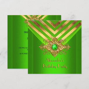 Lime Green Gem Gold Deco Stripe Birthday Party Invitation