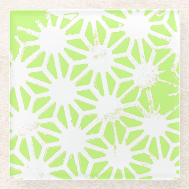 Lime green geometric pattern glass coaster (Front)