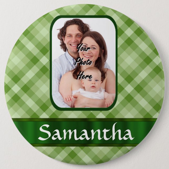 Lime green gingham 6 inch round button (Front)