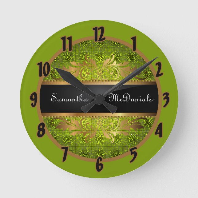 Lime Green Glitter Sequin Disco Personalized Clock (Front)