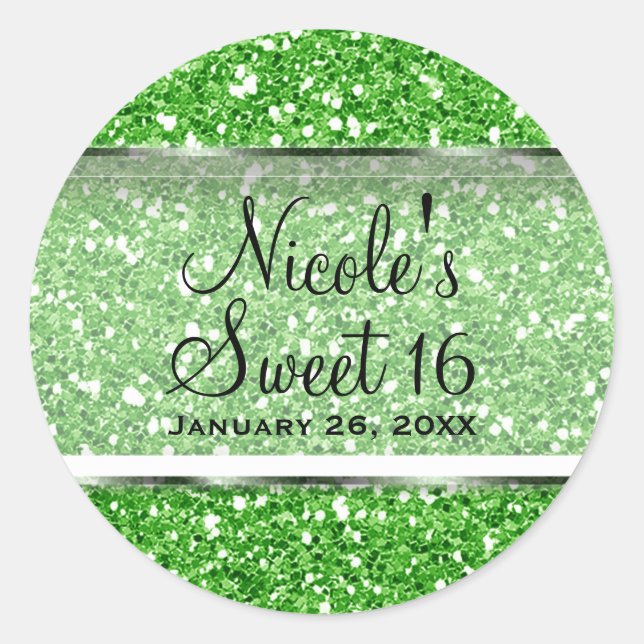 Lime Green Glitter Sweet 16 Custom Party Favour Classic Round Sticker (Front)