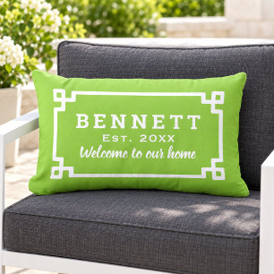 Lime Green Greek Key Monogram Welcome Lumbar Pillow
