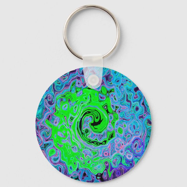 Lime Green Groovy Abstract Retro Liquid Swirl Keychain (Front)