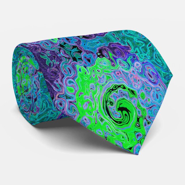 Lime Green Groovy Abstract Retro Liquid Swirl Tie (Rolled)