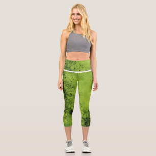 Lime Green Grunge with Black Accents Capri Leggings