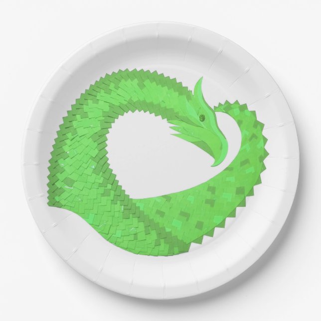 Lime green heart dragon on white paper plate (Front)