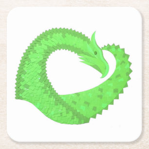 Lime green heart dragon on white square paper coaster