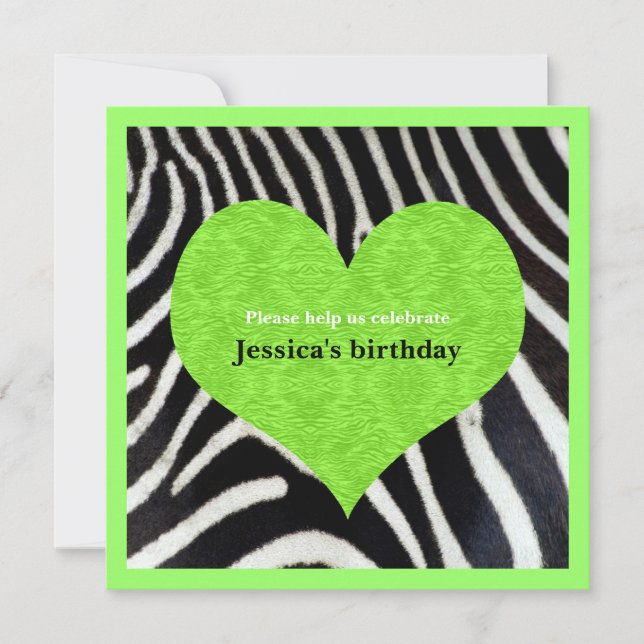 Lime Green Heart with Zebra Print Party Invitation (Front)