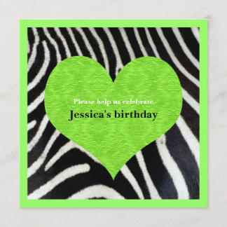 Lime Green Heart with Zebra Print Party Invitation