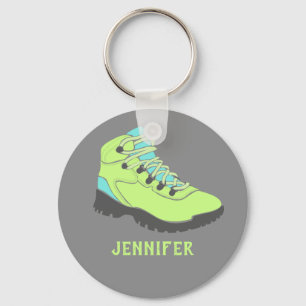 Lime Green Hiking Boot Personalized Grey Keychain