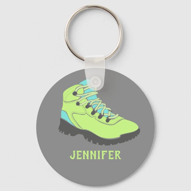 Lime Green Hiking Boot Personalized Grey Keychain (Front)