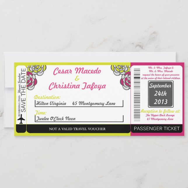 Lime Green/Hot Pi Boarding Pass Wedding Invitation (Front)