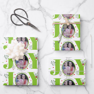 Lime green Joy and berries Christmas holiday photo Wrapping Paper Sheet