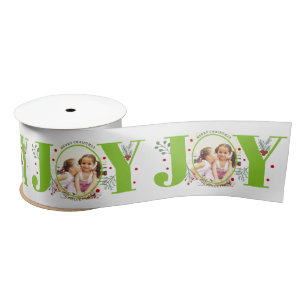 Lime green Joy with berries Christmas photo Satin Ribbon
