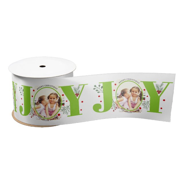 Lime green Joy with berries Christmas photo Satin Ribbon (Spool)