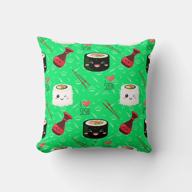 Lime Green Kawaii Sushi pattern     Throw Pillow (Front)