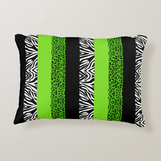 Lime Green Leopard and Zebra Animal Print Accent Pillow (Back)