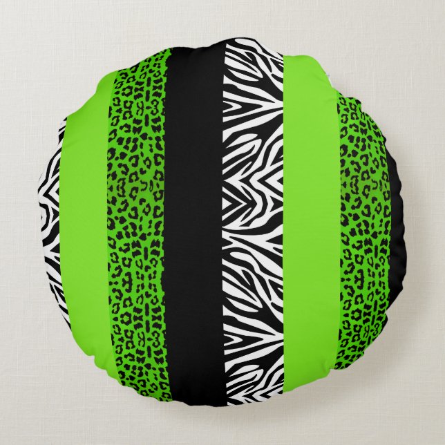 Lime Green Leopard and Zebra Animal Print Round Pillow (Back)