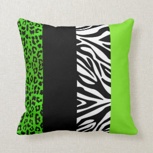 Lime Green Leopard and Zebra Animal Print Throw Pillow