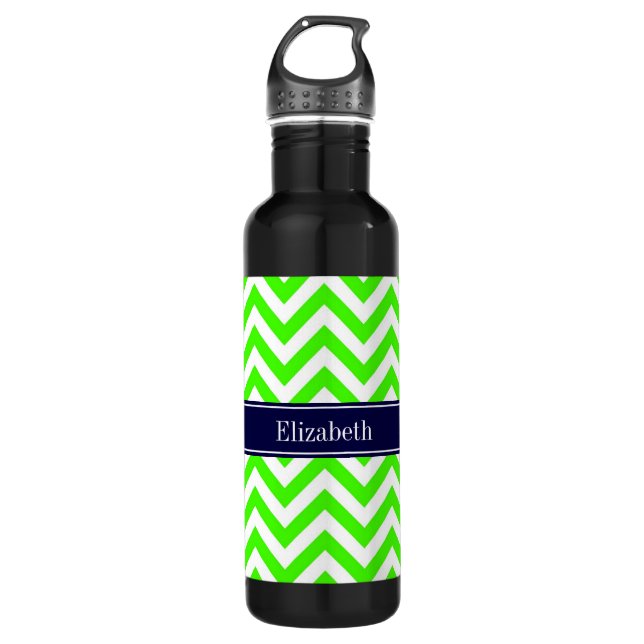Lime Green LG Chevron Navy Blue Name Monogram 710 Ml Water Bottle (Front)