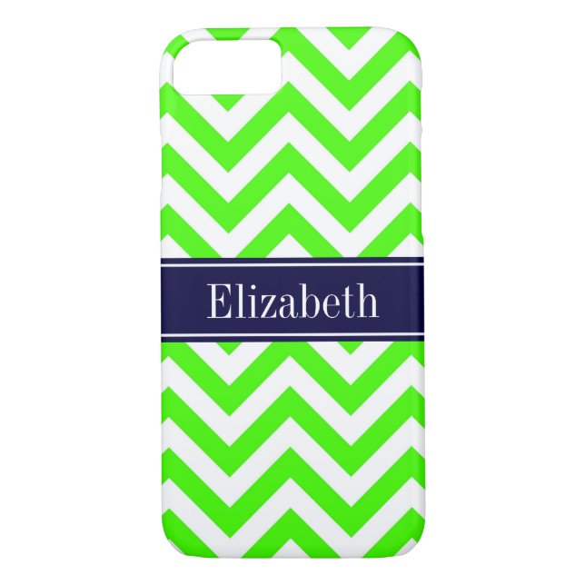 Lime Green LG Chevron Navy Blue Name Monogram Case-Mate iPhone Case (Back)