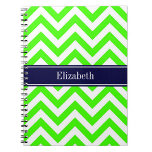 Lime Green LG Chevron Navy Blue Name Monogram Notebook